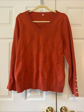 Classic V-Neck Textured Sweater in Rust with Button-Trim Sleeves